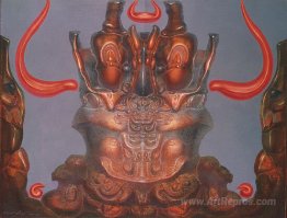 CHERUB EN FACE WITH ORANGE-COLORED HORNS OF FLAMES