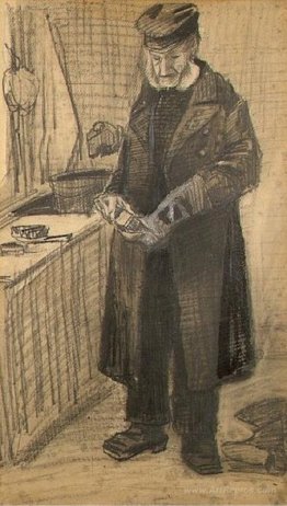 Orphan Man with Long Overcoat Cleaning Boots
