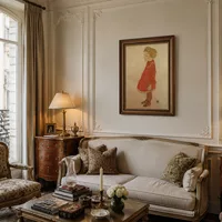 Little Girl with Blond Hair in a Red Dress — Paris Apartment