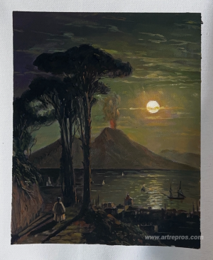 The Bay of Naples at moonlit night. Vesuvius