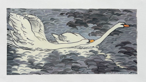 Colored woodcut Two swans